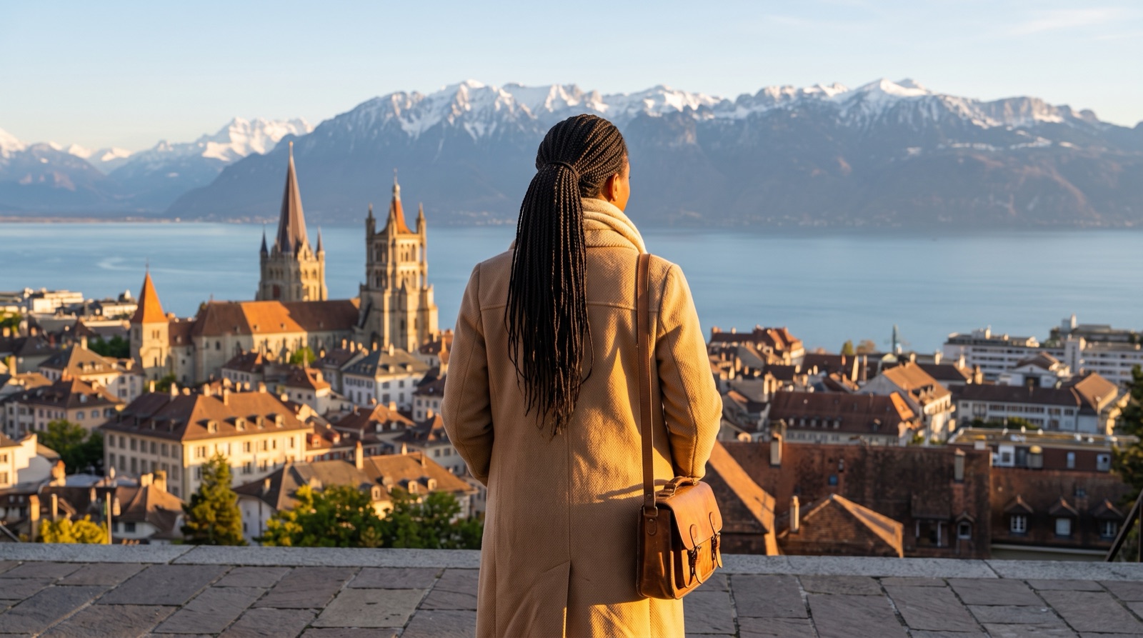 Une femme de dos regardant la ville